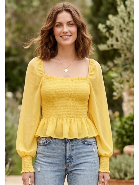 Shinestar Tops - Shinestar Square Neck Smocked Long Sleeve Top Yellow Size XL